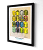 These limited edition A2 prints by Terry Kneeshaw showcase his artwork featuring 16 different England Football Club GoalKeeper jerseys throughout the years.