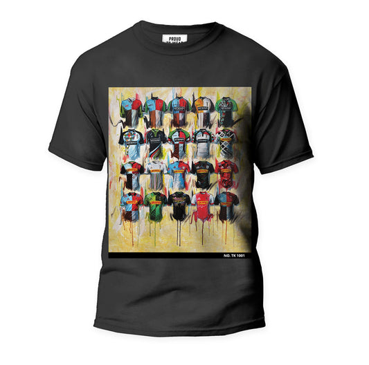 These Harlequins Rugby T-Shirts from Terry Kneeshaw showcase his unique artwork for the team, each numbered individually and available in sizes xxs to xxxl. Choose from either black or white t-shirts to display your love for the Harlequins Rugby team. Terry Kneeshaw's artwork is sure to catch the eye of any rugby fan, and these one-off t-shirts are a great way to show support for the team.