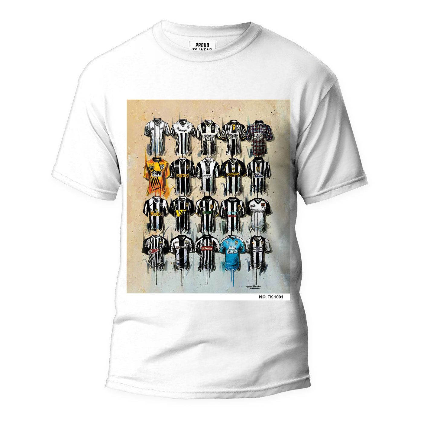 These Notts County T-shirts feature unique artwork from Terry Kneeshaw and come in sizes xxs-xxxl with a choice of black or white. Each shirt is individually numbered and one of a kind. The Notts County design pays homage to the team with striking images and colors, making them perfect for fans of the club. The T-shirts are made with high-quality materials, ensuring both comfort and durability. Show your support for Notts County with these exclusive T-shirts.