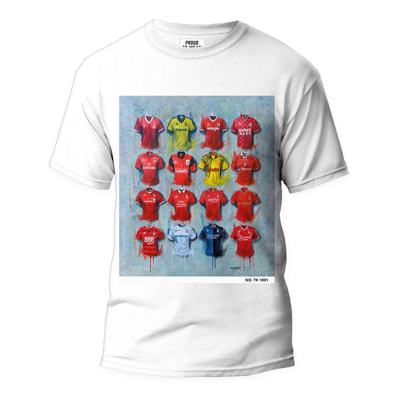 These Nottingham Forest T Shirts from Terry Kneeshaw showcase his unique artwork for that team. These one-off, individually numbered T Shirts are available in sizes xxs - xxxl and come in a choice of Black T Shirt or White T Shirt. The T Shirts feature the Nottingham Forest team logo, and are perfect for fans who want to show off their support for the team in style.