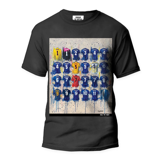 These Scotland pre-2000 national team T-shirts feature unique artwork by Terry Kneeshaw and are individually numbered. Available in black or white and in sizes xxs to xxxl, these one-off T-shirts are perfect for fans of the classic Scottish national team. Show your support for Scotland with these stylish and high-quality T-shirts featuring Kneeshaw's original artwork.