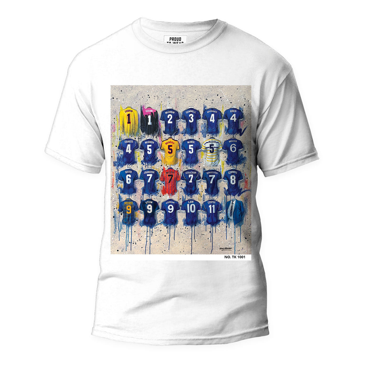 These Scotland pre-2000 national team T-shirts feature unique artwork by Terry Kneeshaw and are individually numbered. Available in black or white and in sizes xxs to xxxl, these one-off T-shirts are perfect for fans of the classic Scottish national team. Show your support for Scotland with these stylish and high-quality T-shirts featuring Kneeshaw's original artwork.