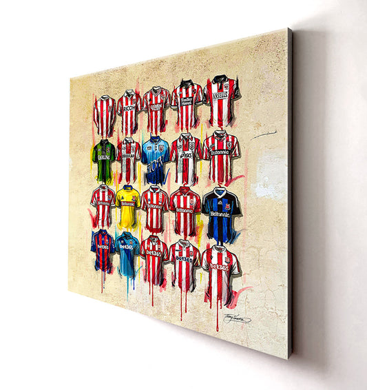 These canvases from Terry Kneeshaw feature Stoke City artwork in 20x20 canvases. The artwork is available framed or unframed, with a black floating frame option. The canvases showcase the team's history and achievements, making them the perfect addition to any Stoke City fan's collection.