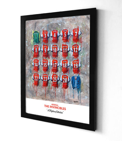 Artwork by Terry Kneeshaw depicting a collection of twenty iconic Arsenal home and away jerseys from the 2003-2004 season, known as the Invincibles. The kits are predominantly red with white sleeves or yellow with blue accents, featuring the Arsenal crest, kit manufacturer, and shirt sponsor logos on the front. The artwork is a limited edition A2 print of a hand-painted original, which uses textured brushstrokes to create a dynamic effect.