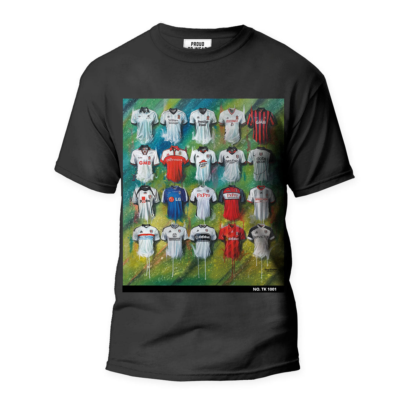 These Fulham T-shirts from Terry Kneeshaw feature his unique artwork for the team, with each shirt being individually numbered and available in sizes ranging from xxs to xxxl. You can choose from either a black or white shirt. The designs are perfect for fans of Fulham and football in general, with the artwork capturing the spirit and essence of the club. These limited edition shirts are a must-have for any true Fulham supporter.